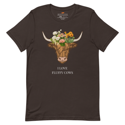Brown Premium Highland Cow Tee featuring an adorable I Love Fluffy Cows graphic on the chest - Cute Graphic Highland Cow Tees - Boozy Fox