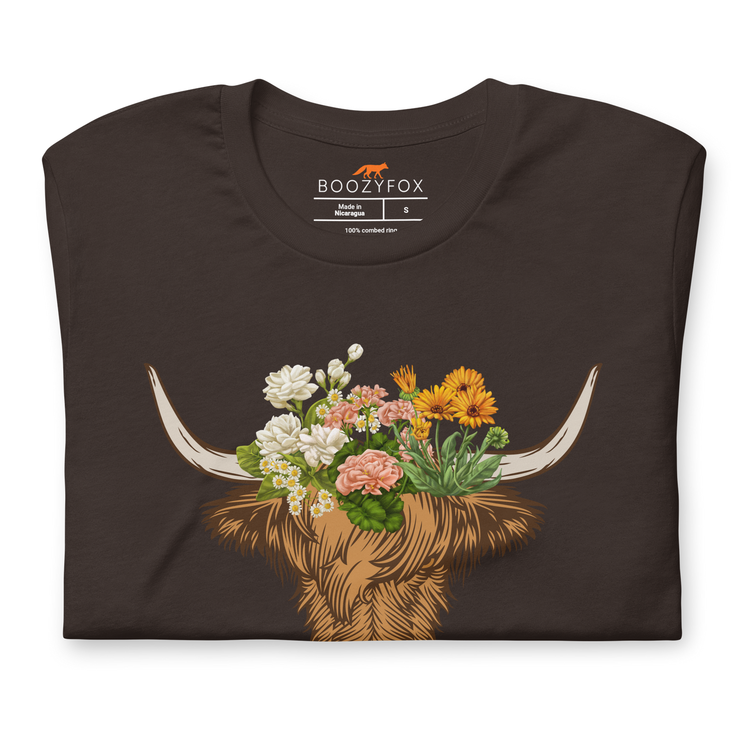 Front details of a Brown Premium Highland Cow Tee featuring an adorable I Love Fluffy Cows graphic on the chest - Cute Graphic Highland Cow Tees - Boozy Fox