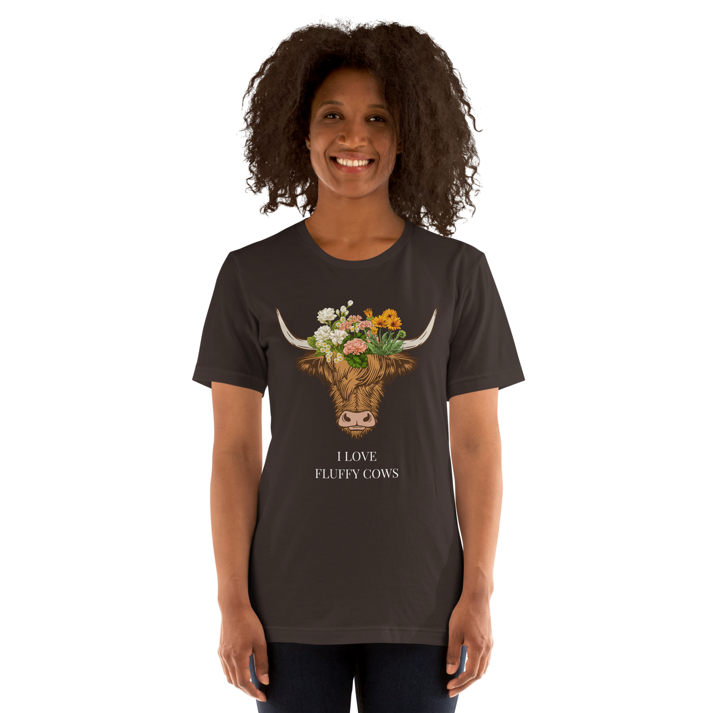 Smiling woman wearing a Brown Premium Highland Cow Tee featuring an adorable I Love Fluffy Cows graphic on the chest - Cute Graphic Highland Cow Tees - Boozy Fox