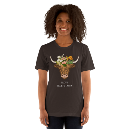 Smiling woman wearing a Brown Premium Highland Cow Tee featuring an adorable I Love Fluffy Cows graphic on the chest - Cute Graphic Highland Cow Tees - Boozy Fox