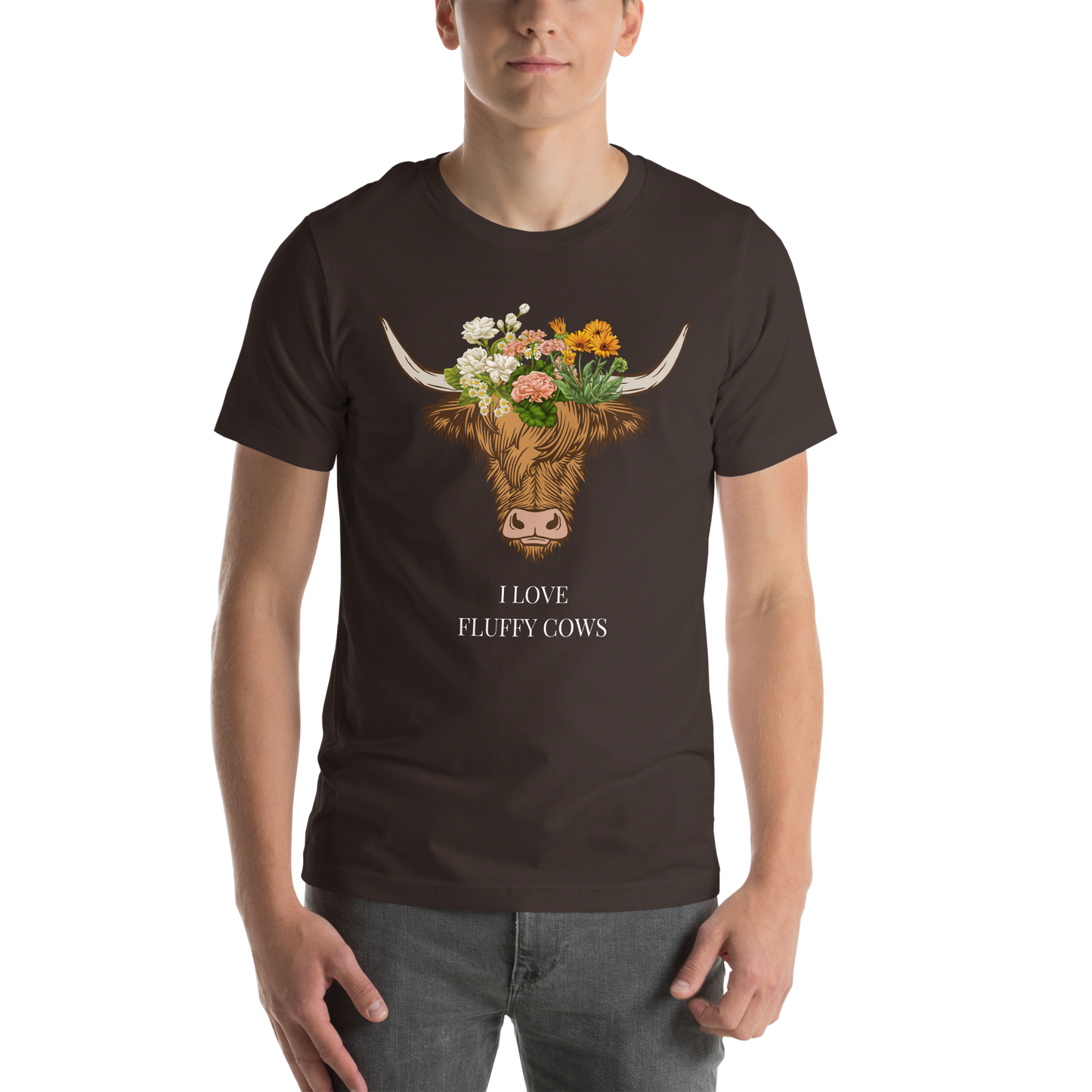 Man wearing a Brown Premium Highland Cow Tee featuring an adorable I Love Fluffy Cows graphic on the chest - Cute Graphic Highland Cow Tees - Boozy Fox