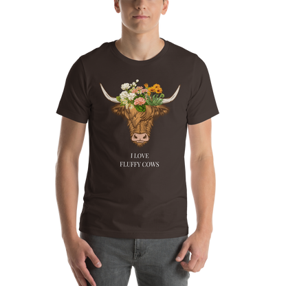 Man wearing a Brown Premium Highland Cow Tee featuring an adorable I Love Fluffy Cows graphic on the chest - Cute Graphic Highland Cow Tees - Boozy Fox