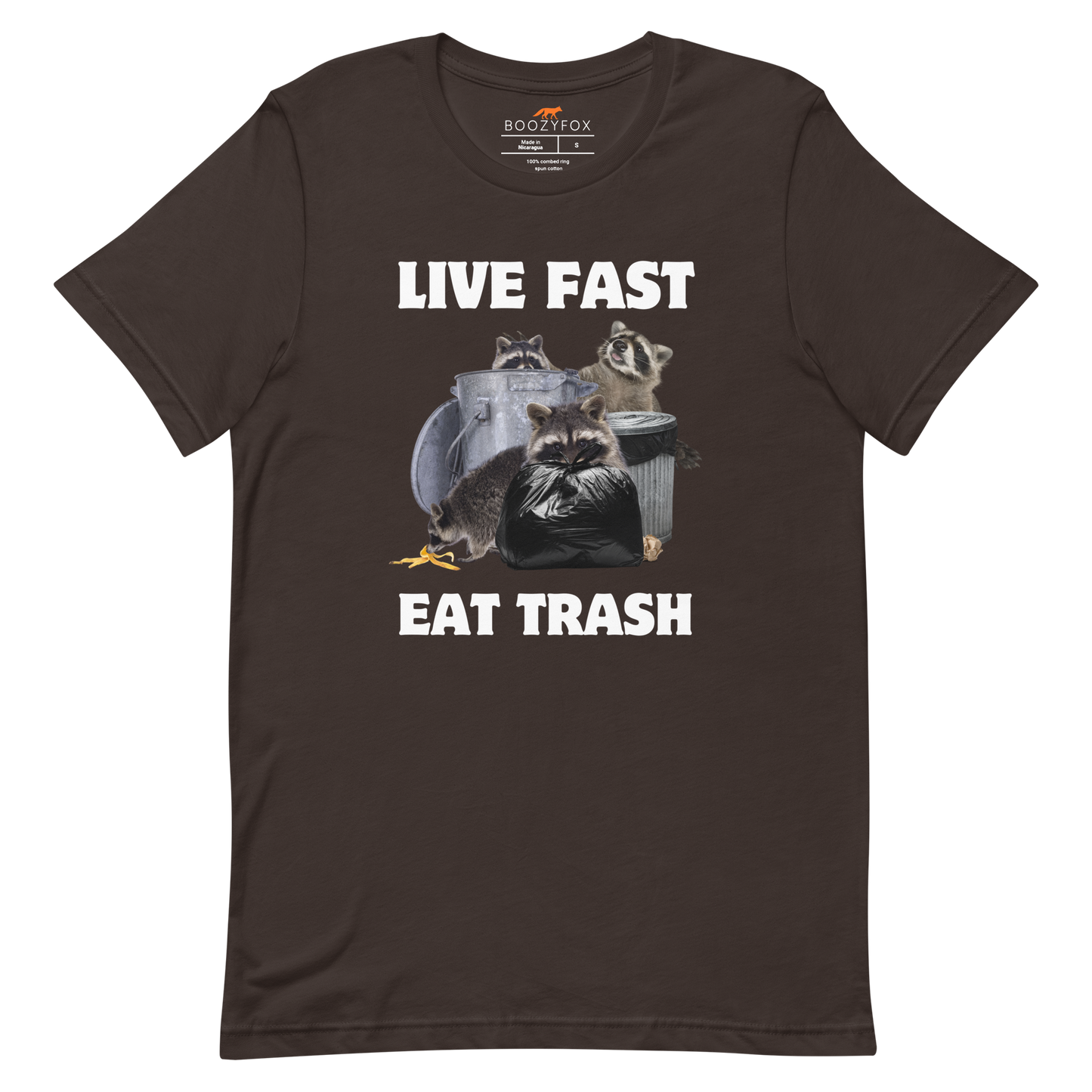 Brown Premium Raccoon Tee featuring a funny 'Live Fast Eat Trash' graphic on the chest - Funny Graphic Raccoon Tees - Boozy Fox
