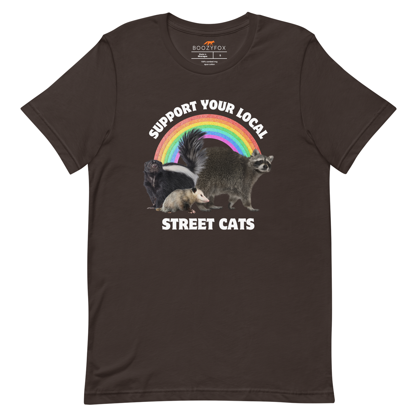 Brown Premium Street Cats Tee featuring a funny 'Support Your Local Street Cats' graphic on the chest - Funny Graphic Animal Tees - Boozy Fox