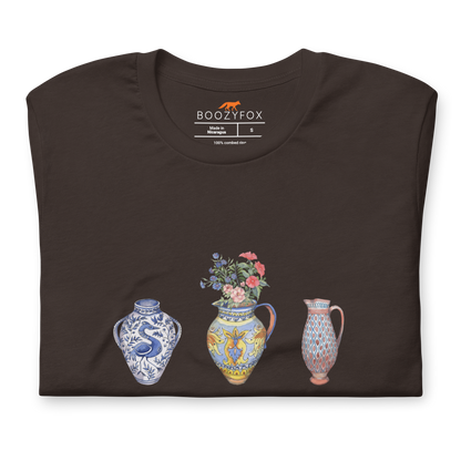 Front details of a Brown Premium Vase Tee featuring a chic vase graphic on the chest - Artsy Graphic Vase Tees - Boozy Fox