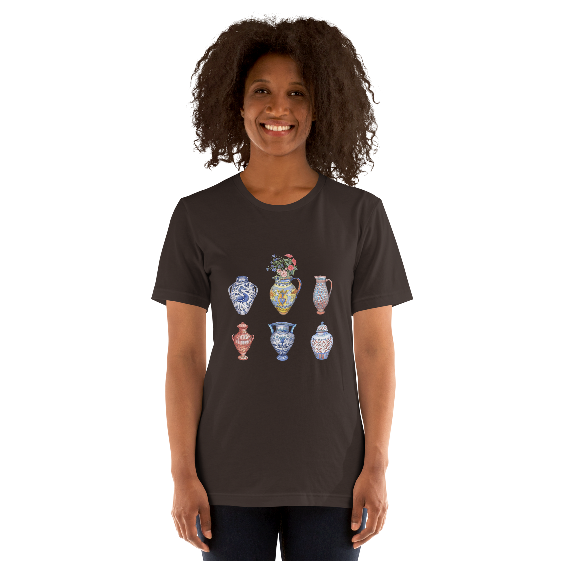 Woman wearing a Brown Premium Vase Tee featuring a chic vase graphic on the chest - Artsy Graphic Vase Tees - Boozy Fox