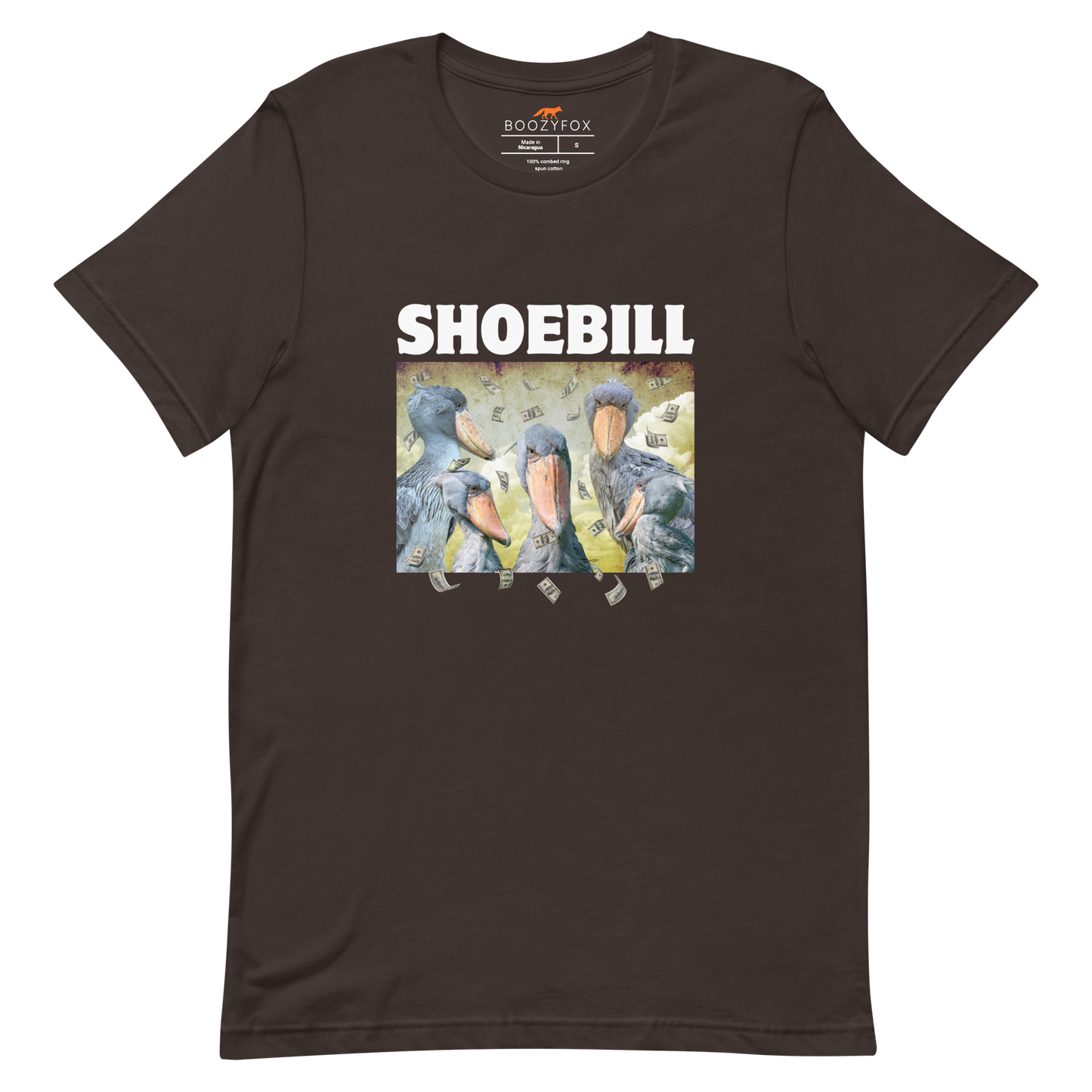 Brown Premium Shoebill Tee featuring cool Shoebill graphic on the chest - Artsy/Funny Graphic Shoebill Stork Tees - Boozy Fox