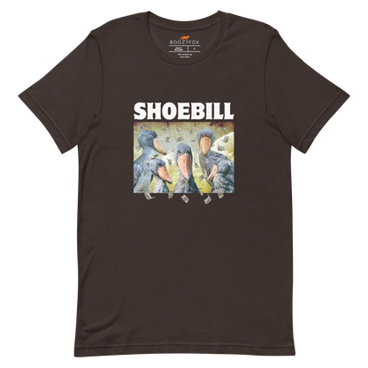 Brown Premium Shoebill Tee featuring cool Shoebill graphic on the chest - Artsy/Funny Graphic Shoebill Stork Tees - Boozy Fox