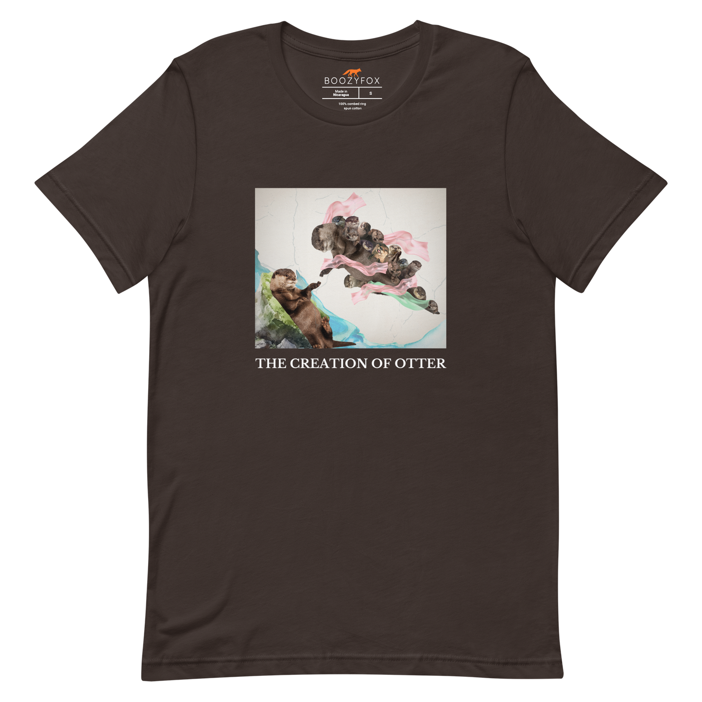 Brown Premium Otter Tee featuring a playful The Creation of Otter parody of Michelangelo's masterpiece - Artsy/Funny Graphic Otter Tees - Boozy Fox