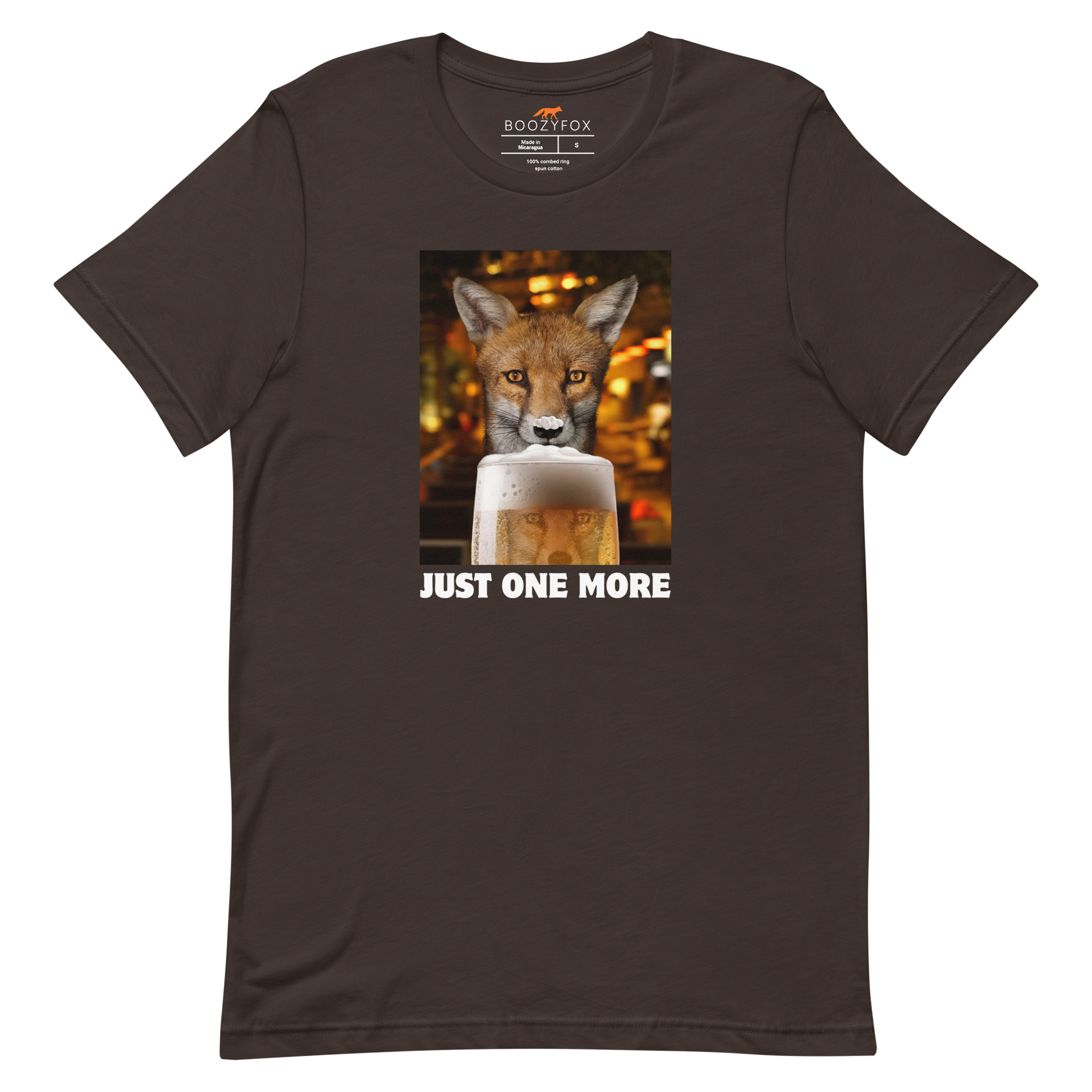 Funny Just One More Fox beer lightweight graphic t-shirt in brown by Boozy Fox