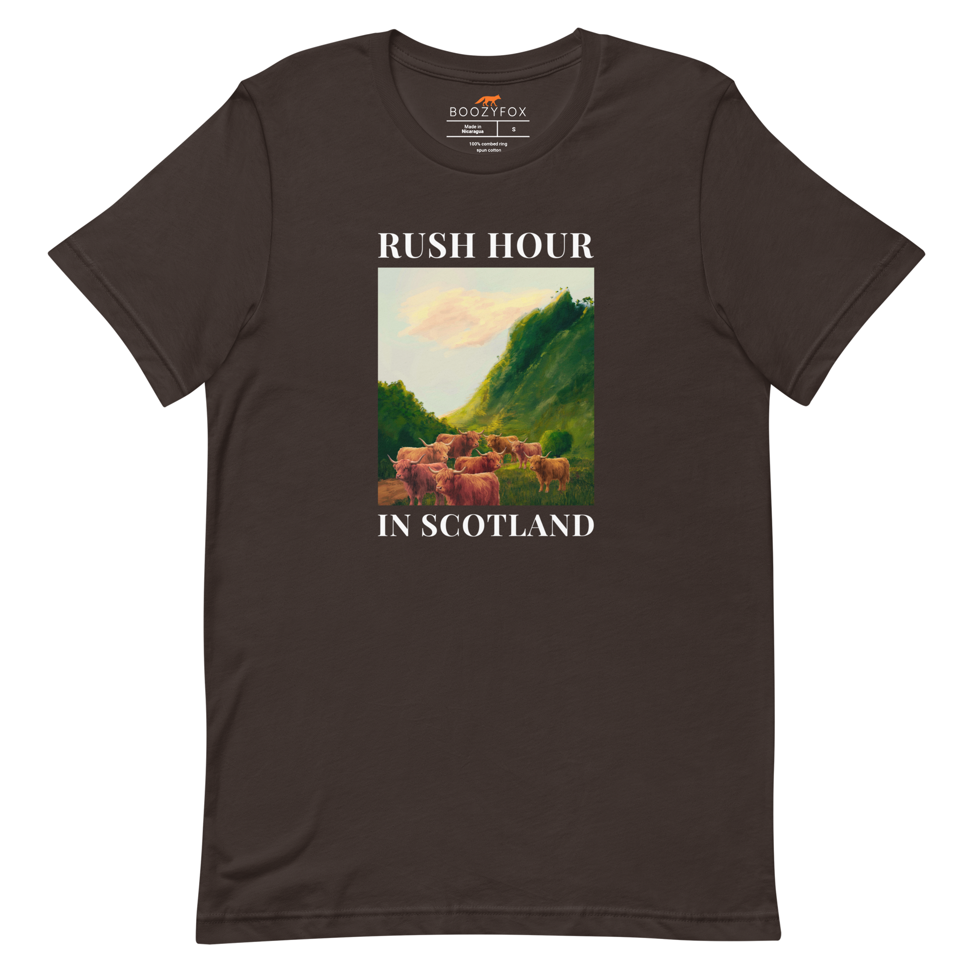 Funny Highland Cow Rush Hour in Scotland lightweight graphic tee in brown by Boozy Fox