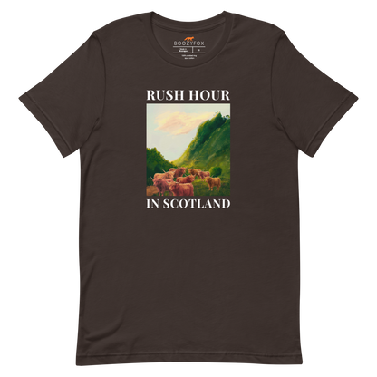 Funny Highland Cow Rush Hour in Scotland lightweight graphic tee in brown by Boozy Fox