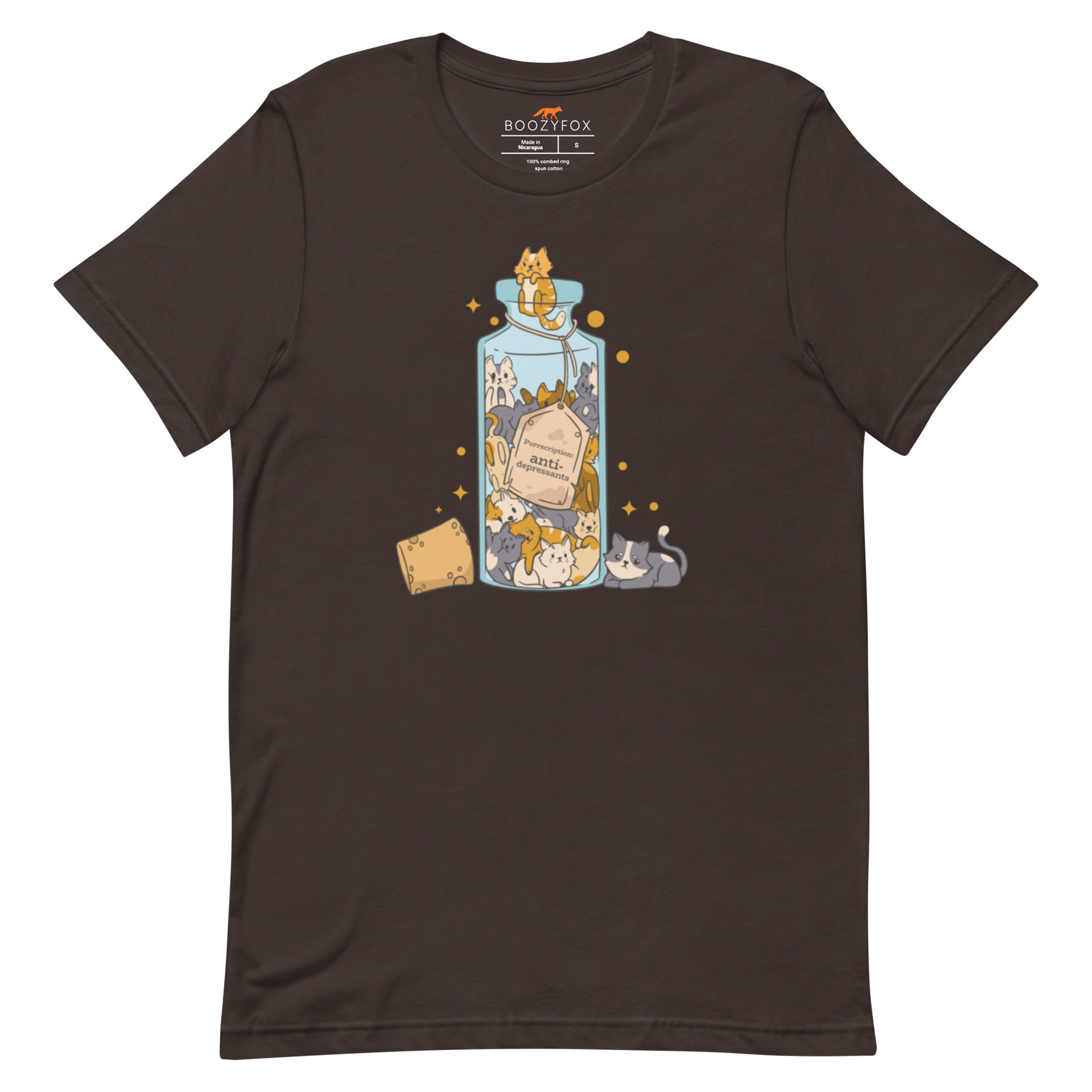 Funny Purrscription: Anti-depressants Cat lightweight graphic tee in brown by Boozy Fox