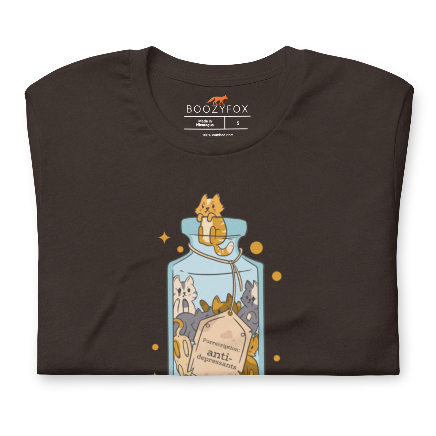 Front details of a Funny Purrscription: Anti-depressants Cat lightweight graphic tee in brown by Boozy Fox