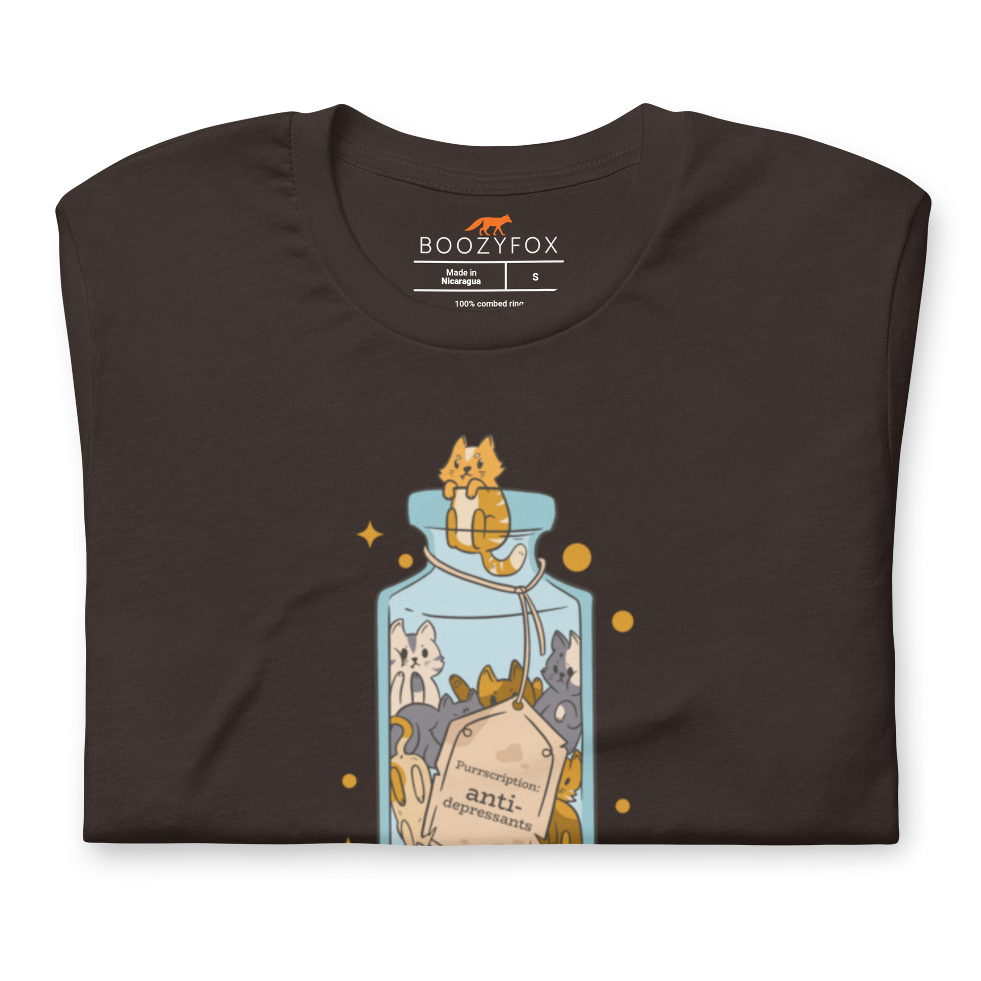 Front details of a Funny Purrscription: Anti-depressants Cat lightweight graphic tee in brown by Boozy Fox
