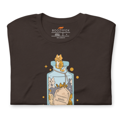 Front details of a Funny Purrscription: Anti-depressants Cat lightweight graphic tee in brown by Boozy Fox