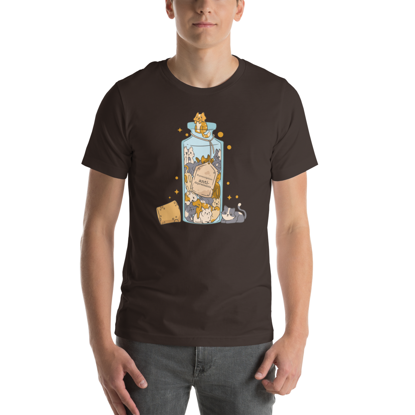Man wearing a Funny Purrscription: Anti-depressants Cat lightweight graphic tee in brown by Boozy Fox