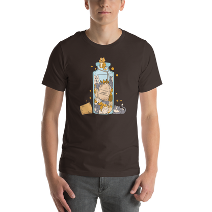 Man wearing a Funny Purrscription: Anti-depressants Cat lightweight graphic tee in brown by Boozy Fox