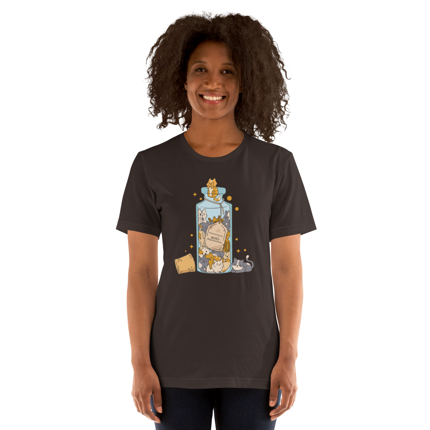 Woman wearing a Funny Purrscription: Anti-depressants Cat lightweight graphic tee in brown by Boozy Fox