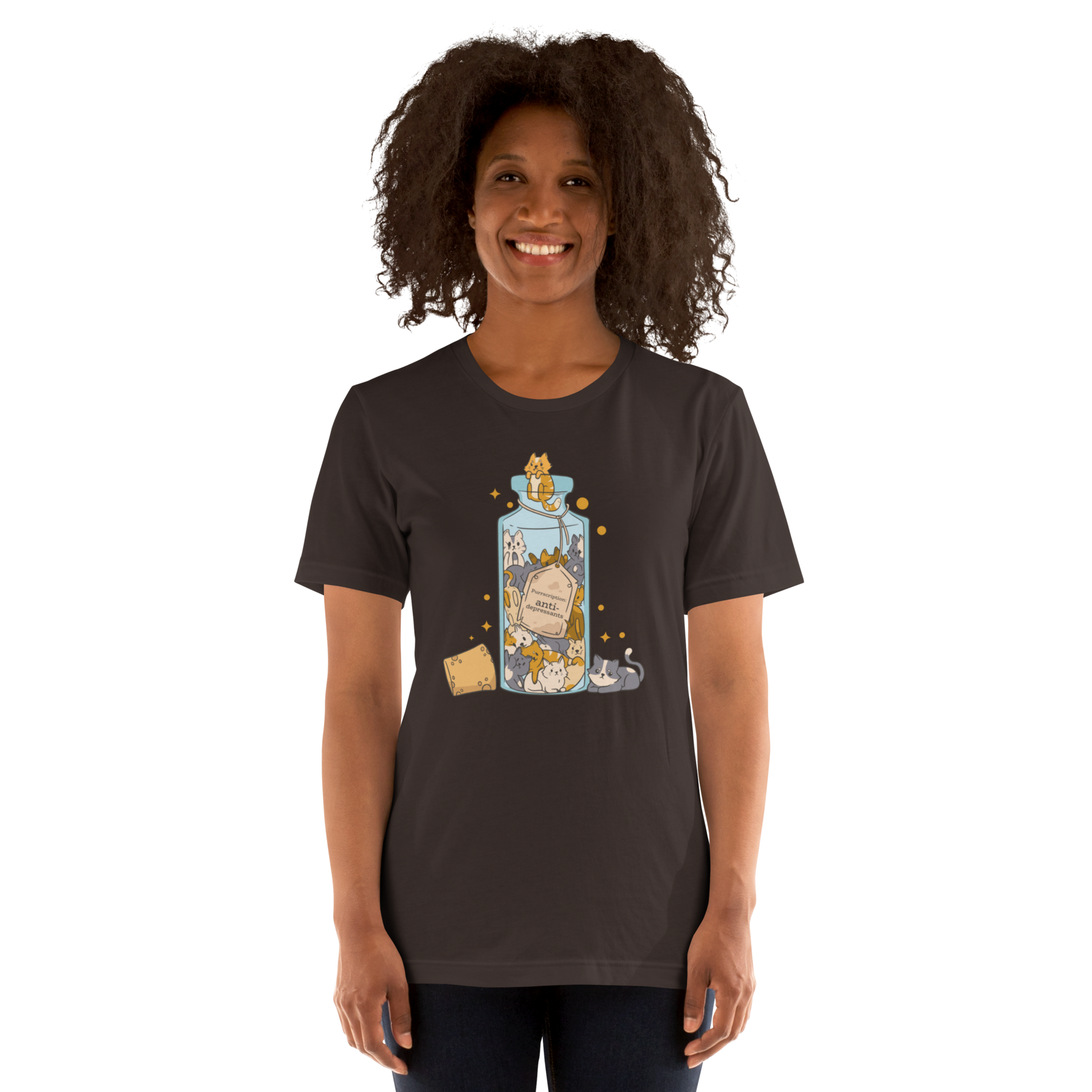 Woman wearing a Funny Purrscription: Anti-depressants Cat lightweight graphic tee in brown by Boozy Fox