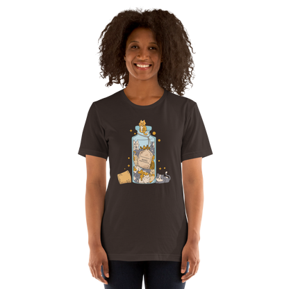 Woman wearing a Funny Purrscription: Anti-depressants Cat lightweight graphic tee in brown by Boozy Fox