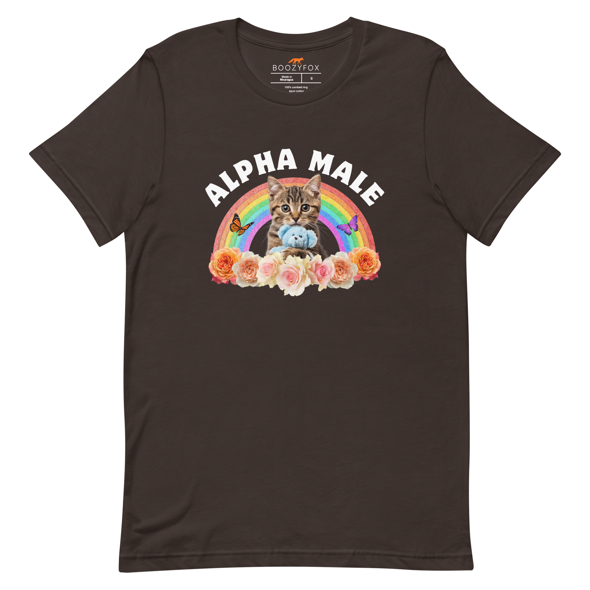 Funny Alpha Male Cat rainbow roses lightweight graphic t-shirt in brown by Boozy Fox