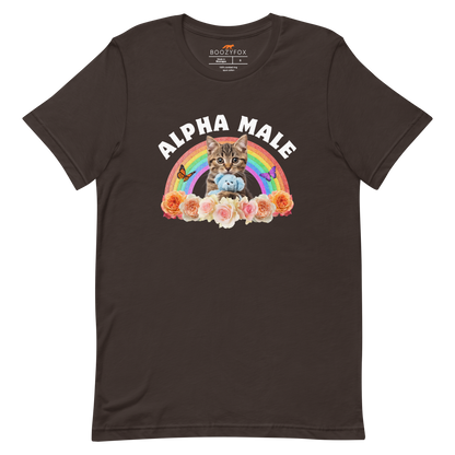 Funny Alpha Male Cat rainbow roses lightweight graphic t-shirt in brown by Boozy Fox