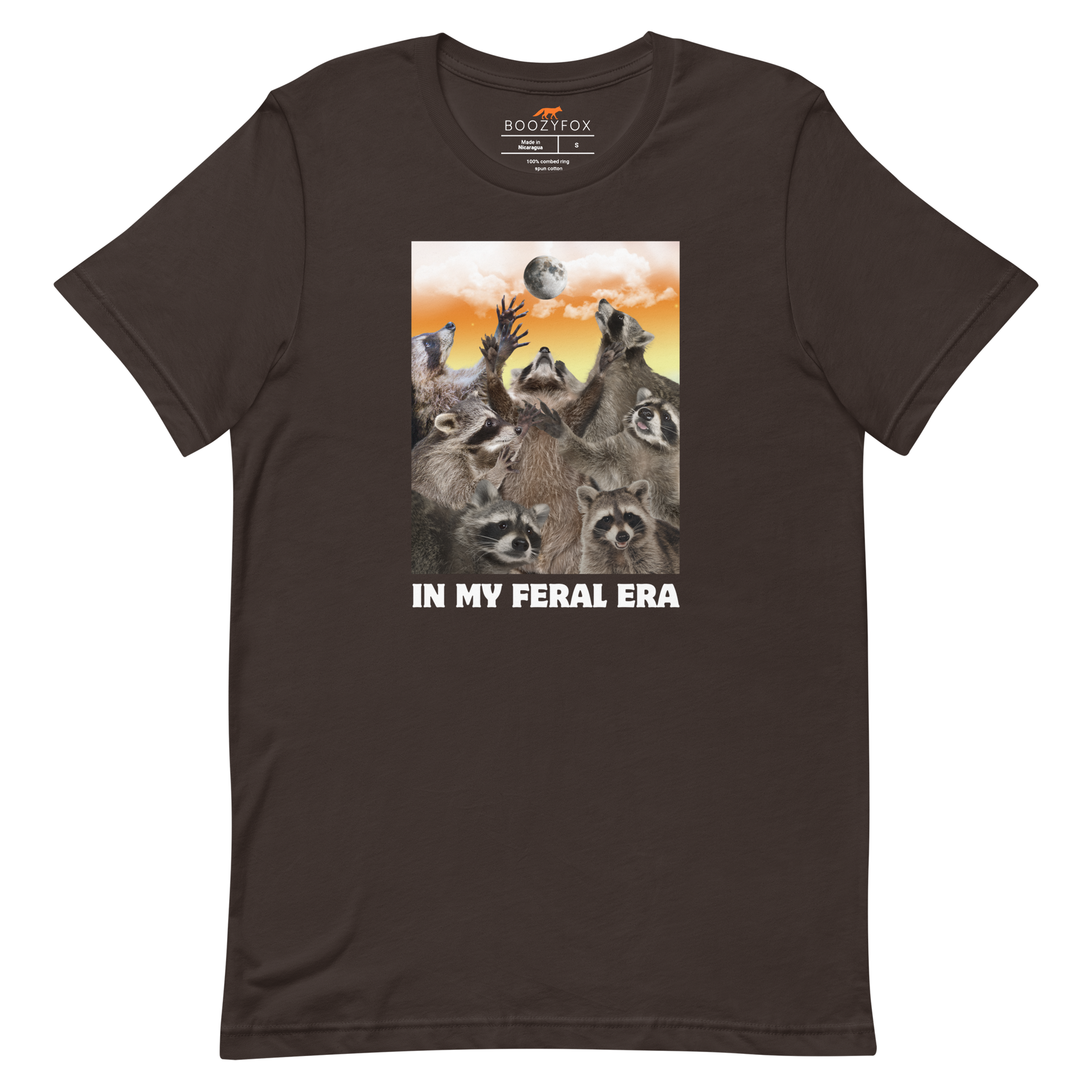 Funny In My Feral Era Raccoon lightweight graphic t-shirt in brown by Boozy Fox