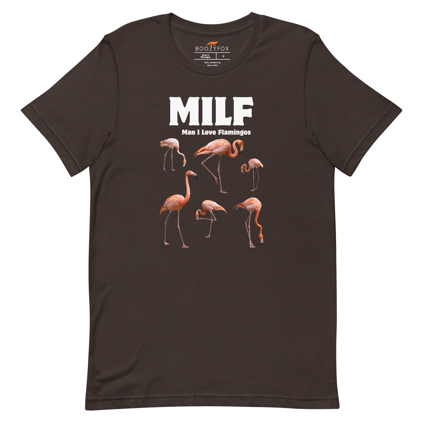 Funny Man I Love Flamingos lightweight graphic tee in brown by Boozy Fox