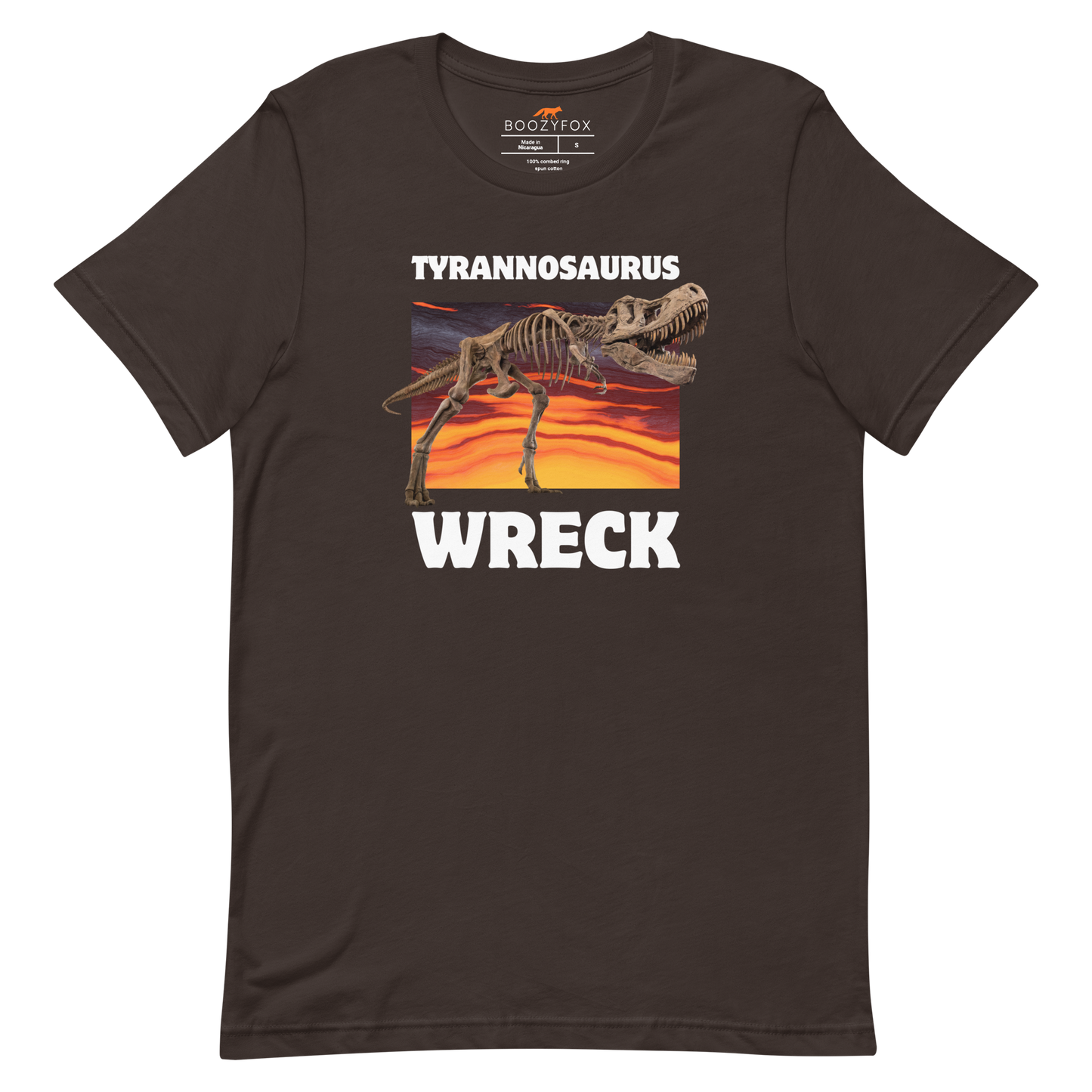 Funny Tyrannosaurus Wreck T-Rex Dinosaur lightweight graphic t-shirt in brown by Boozy Fox