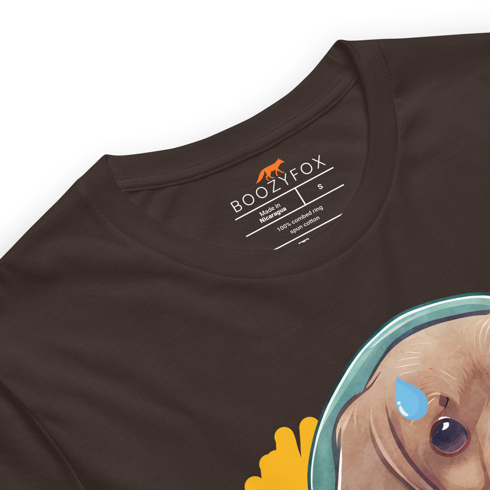 Product details of a Brown Premium Sausage Dog T-Shirt featuring an adorable sausage roll dachshund graphic on the chest - Cute Graphic Dachshund  Tees - Boozy Fox