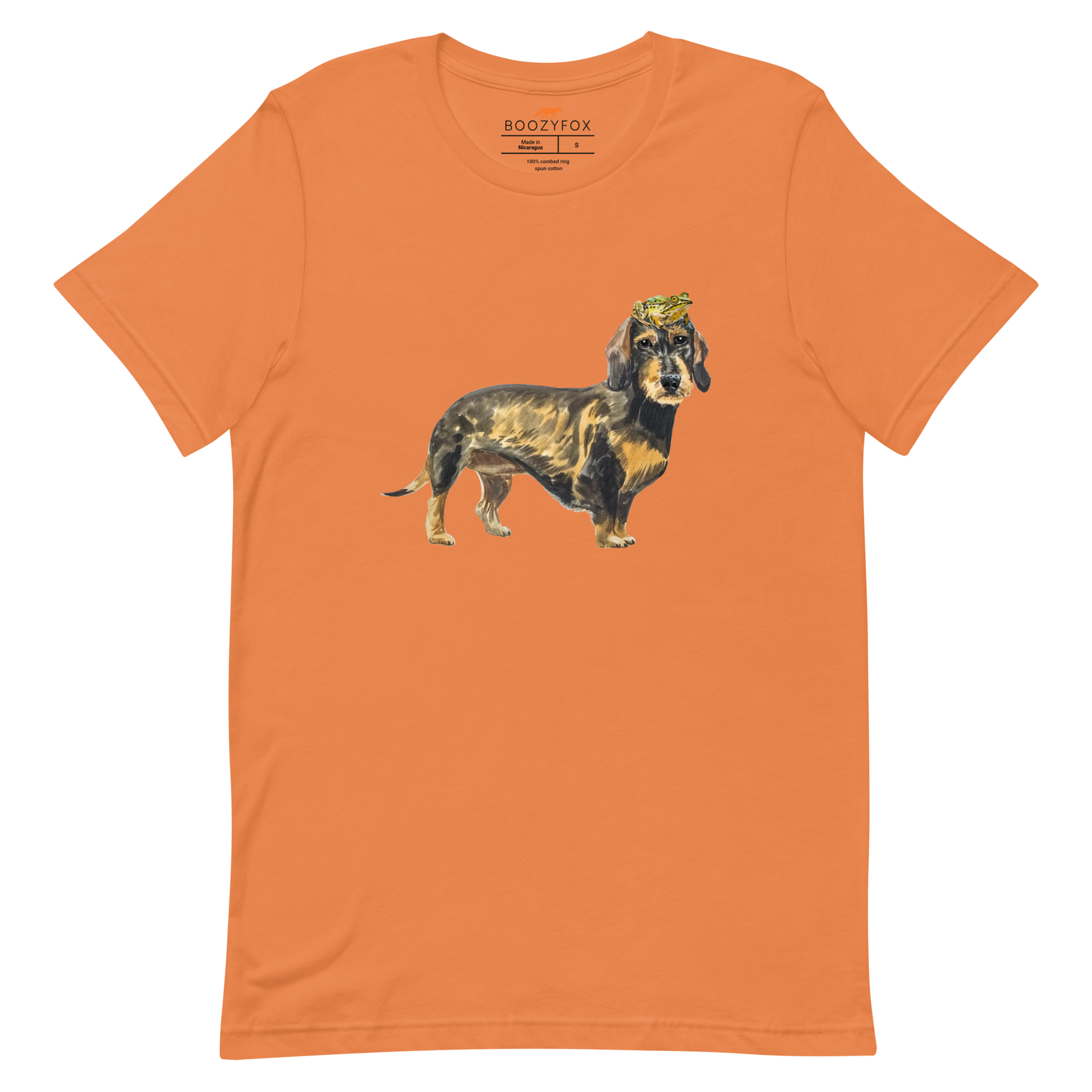 Burnt Orange Premium Dachshund T-Shirt featuring an adorable Frog on a Dachshund's Head graphic on the chest - Cute Graphic Dachshund Tees - Boozy Fox