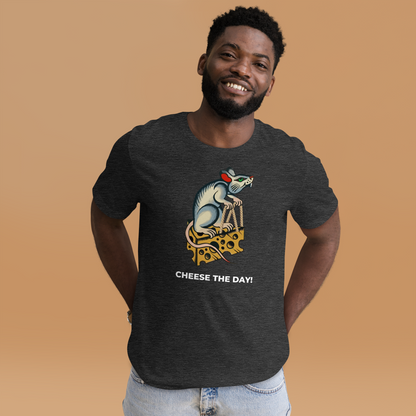 Smiling man wearing a Dark Grey Heather Premium Rat T-Shirt featuring a hilarious Cheese The Day graphic on the chest - Funny Graphic Rat Tees - Boozy Fox