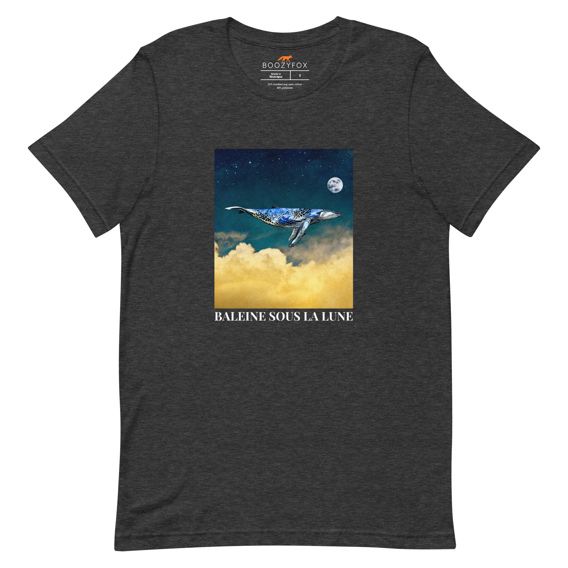 Dark Grey Heather Premium Whale T-Shirt featuring a majestic Whale Under The Moon graphic on the chest - Cool Graphic Whale Tees - Boozy Fox
