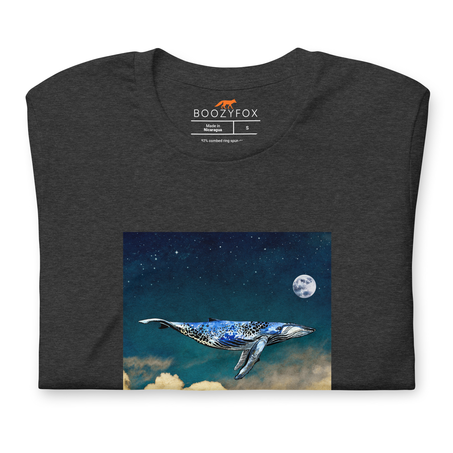 Front details of a Dark Grey Heather Premium Whale T-Shirt featuring a majestic Whale Under The Moon graphic on the chest - Cool Graphic Whale Tees - Boozy Fox