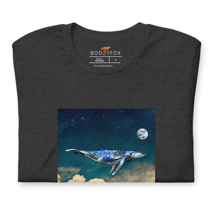 Front details of a Dark Grey Heather Premium Whale T-Shirt featuring a majestic Whale Under The Moon graphic on the chest - Cool Graphic Whale Tees - Boozy Fox