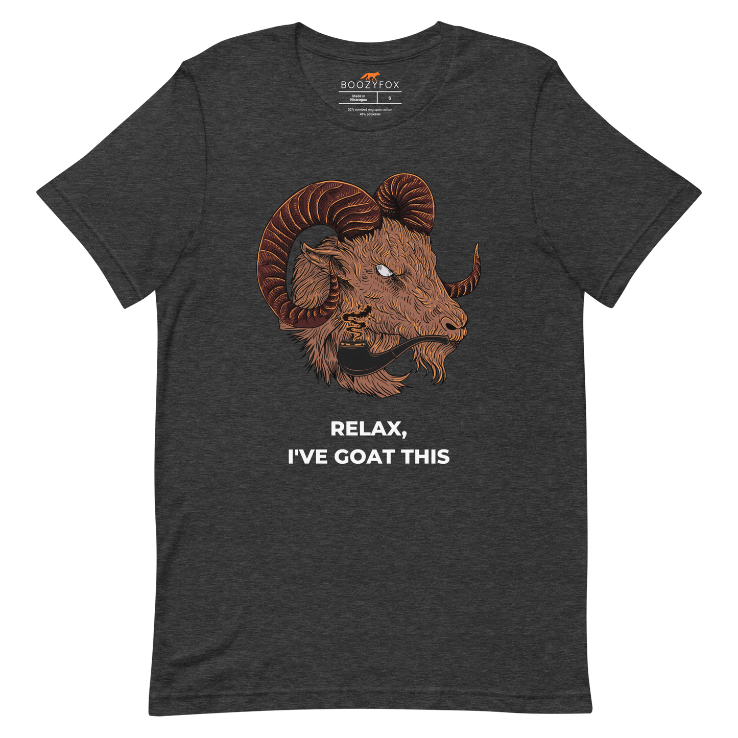 Dark Grey Heather Premium Goat T-Shirt featuring an amusing Relax I've Goat This graphic on the chest - Funny Graphic Goat Tees - Boozy Fox