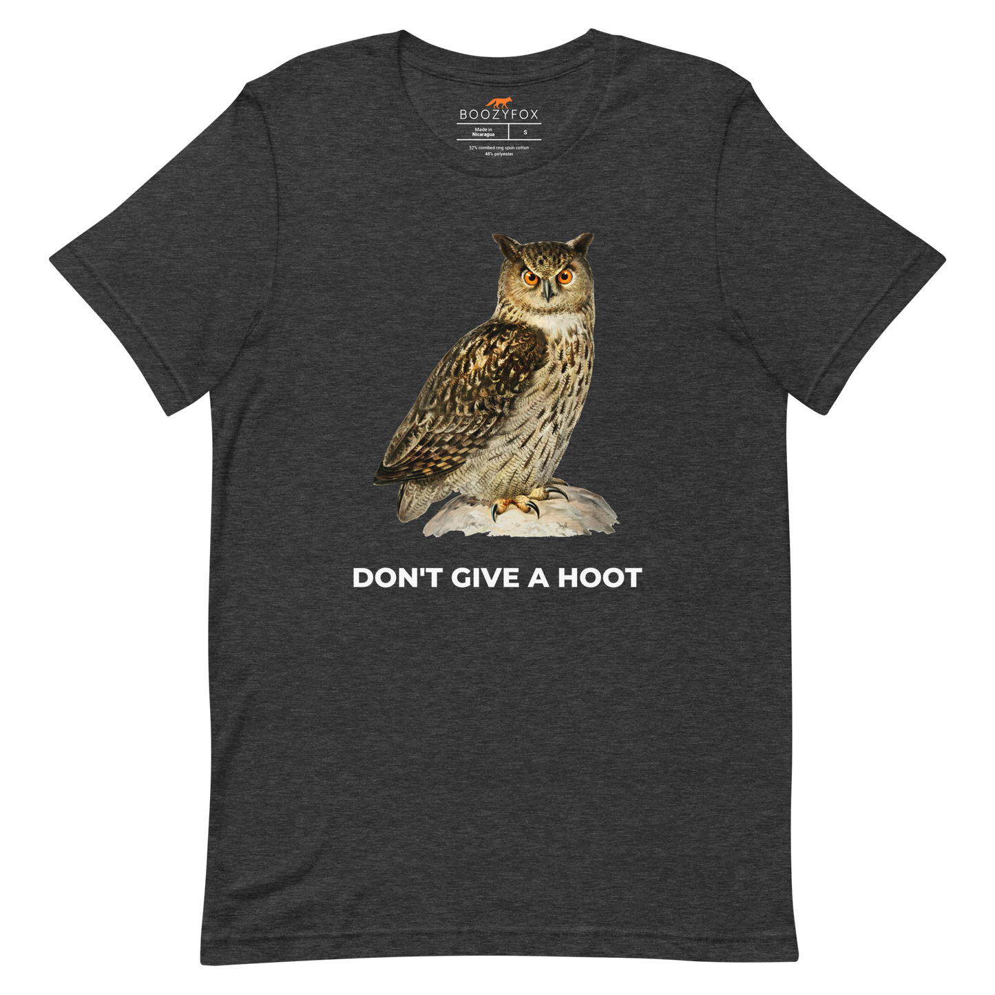 Dark Grey Heather Premium Owl T-Shirt featuring a captivating Don't Give A Hoot graphic on the chest - Funny Graphic Owl Tees - Boozy Fox