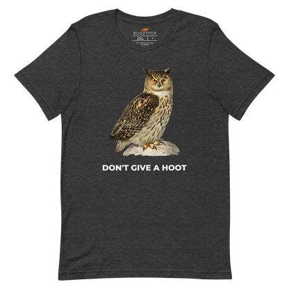 Dark Grey Heather Premium Owl T-Shirt featuring a captivating Don't Give A Hoot graphic on the chest - Funny Graphic Owl Tees - Boozy Fox