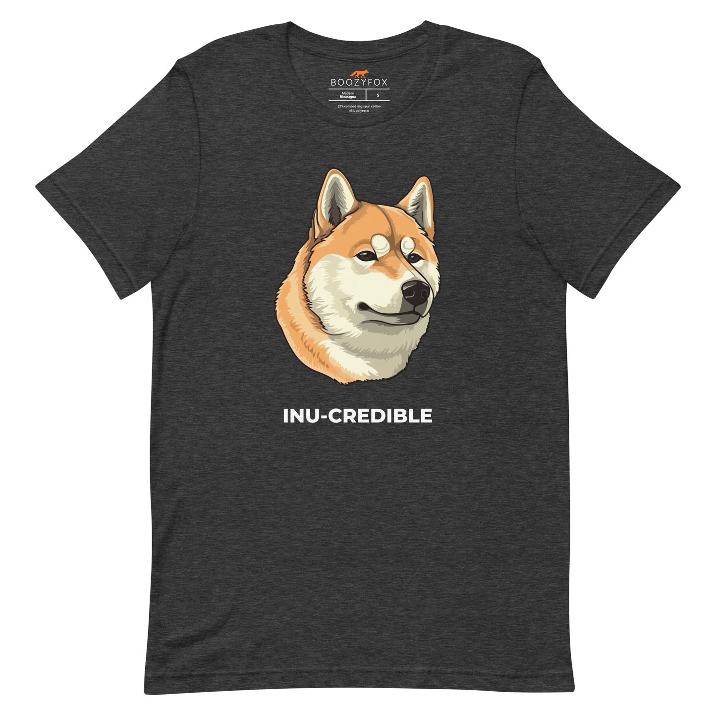 Dark Grey Heather Premium Shiba Inu T-Shirt featuring the Inu-Credible graphic on the chest - Funny Graphic Shiba Inu Tees - Boozy Fox