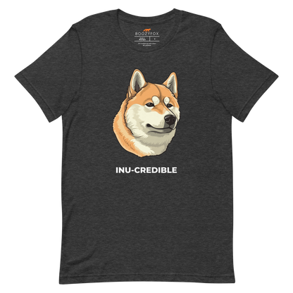 Dark Grey Heather Premium Shiba Inu T-Shirt featuring the Inu-Credible graphic on the chest - Funny Graphic Shiba Inu Tees - Boozy Fox