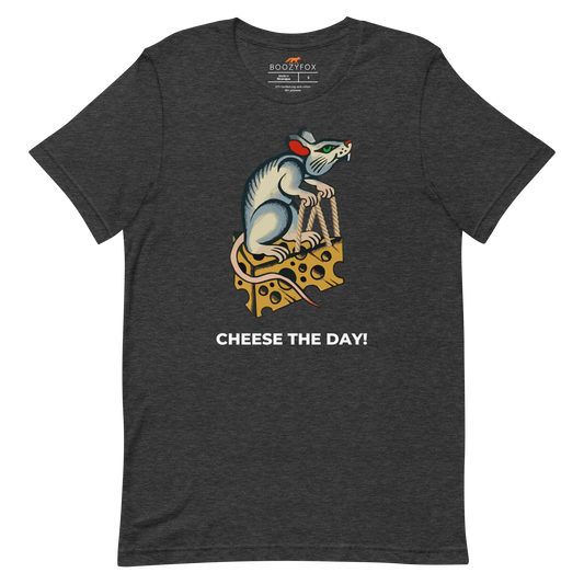 Dark Grey Heather Premium Rat T-Shirt featuring a hilarious Cheese The Day graphic on the chest - Funny Graphic Rat Tees - Boozy Fox
