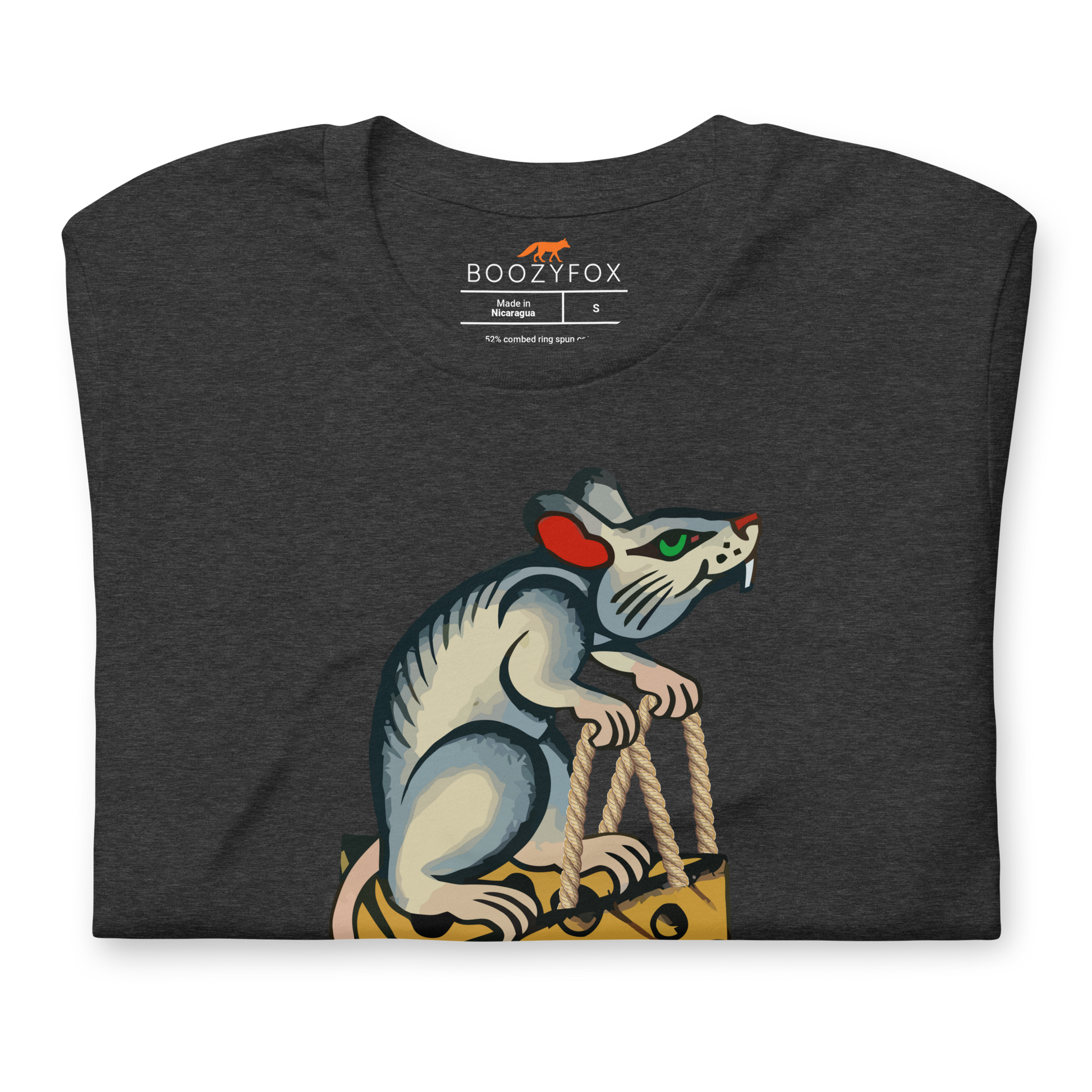 Front details of a Dark Grey Heather Premium Rat T-Shirt featuring a hilarious Cheese The Day graphic on the chest - Funny Graphic Rat Tees - Boozy Fox
