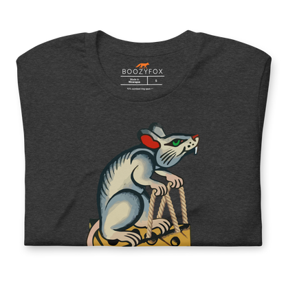 Front details of a Dark Grey Heather Premium Rat T-Shirt featuring a hilarious Cheese The Day graphic on the chest - Funny Graphic Rat Tees - Boozy Fox