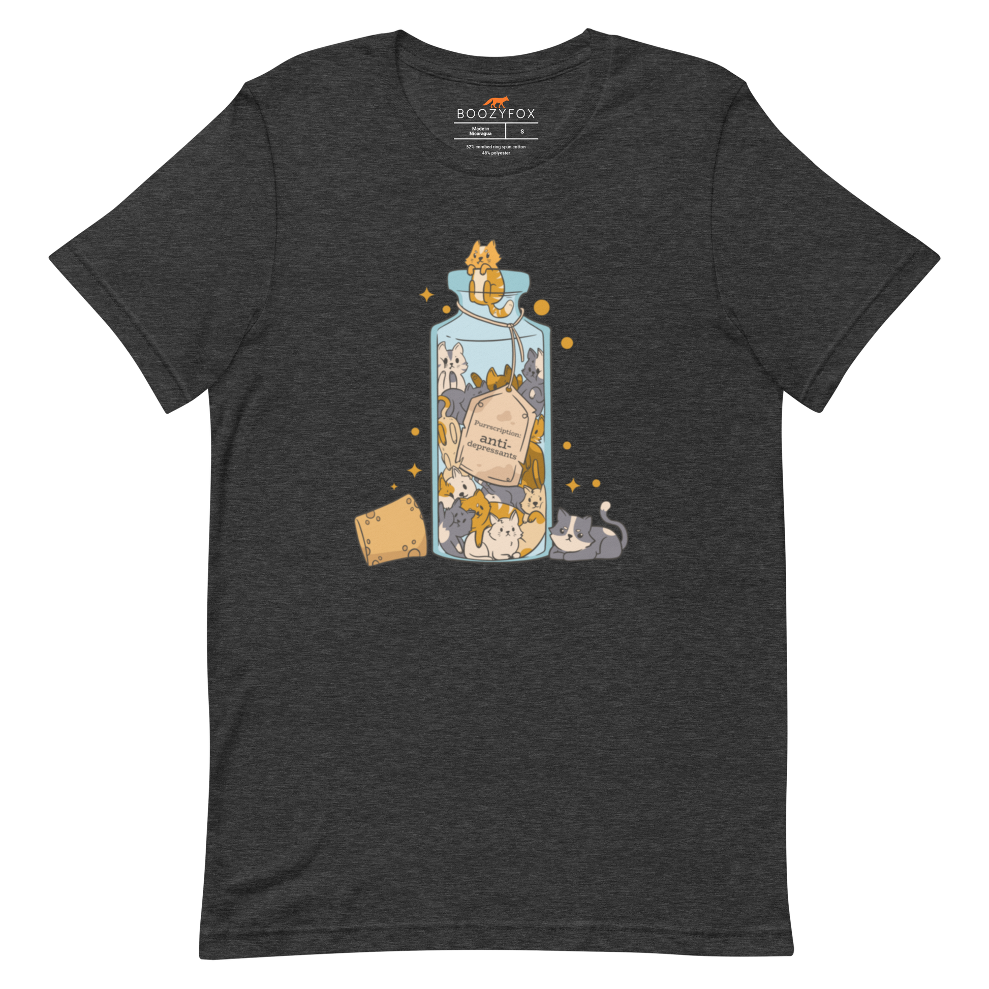 Dark Grey Heather Premium Cat T-Shirt featuring a funny Anti-Depressants graphic on the chest - Cute Graphic Cat Tees - Boozy Fox