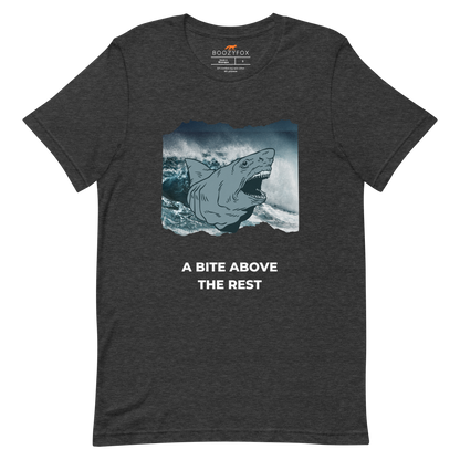 Dark Grey Heather Premium Megalodon Tee featuring A Bite Above the Rest graphic on the chest - Funny Graphic Megalodon Tees - Boozy Fox