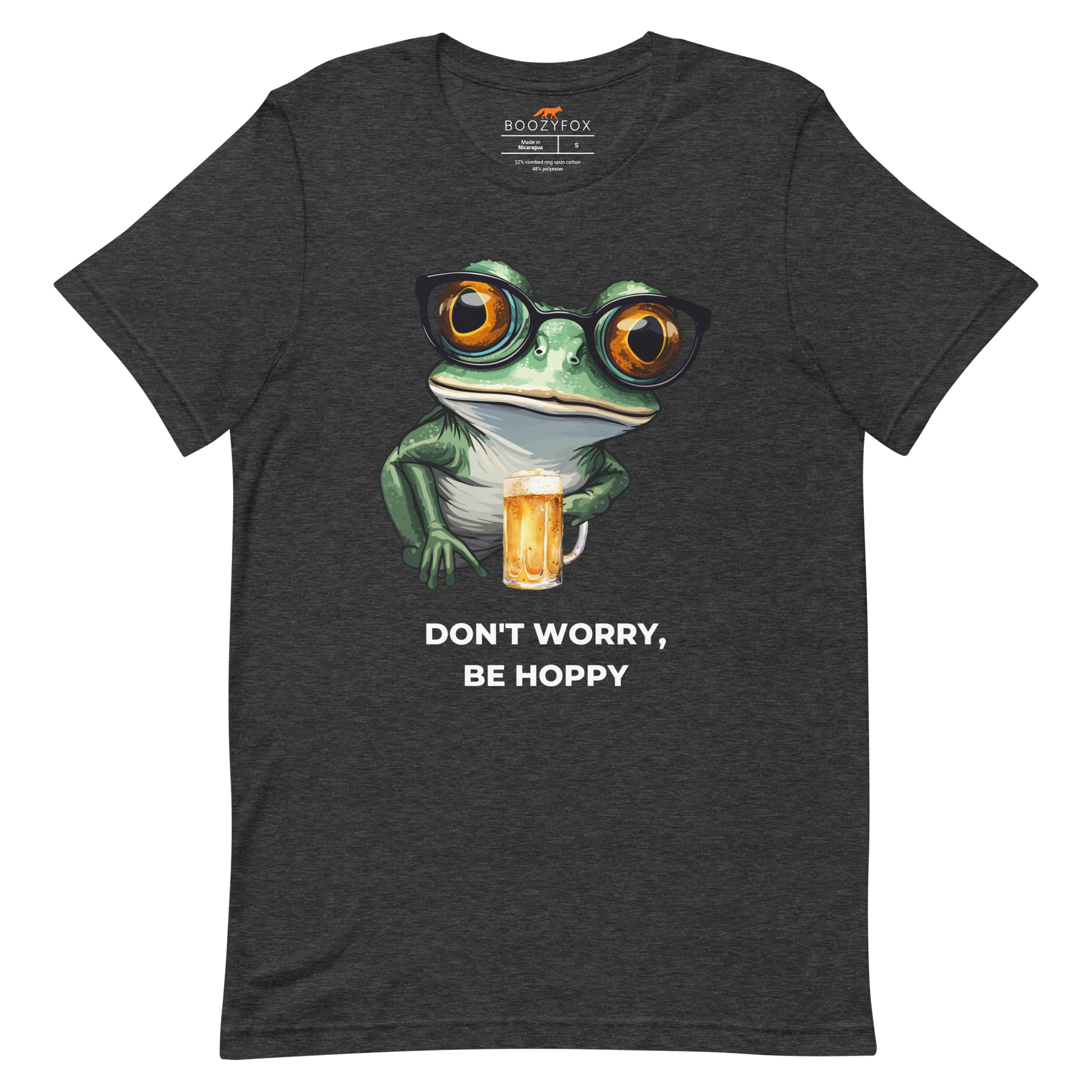 Dark Grey Heather Premium Frog Tee featuring a funny Don't Worry, Be Hoppy graphic on the chest - Funny Graphic Frog Tees - Boozy Fox
