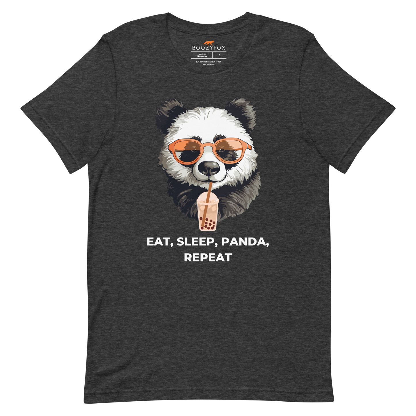 Dark Grey Heather Premium Panda Tee featuring an adorable Eat, Sleep, Panda, Repeat graphic on the chest - Funny Graphic Panda Tees - Boozy Fox