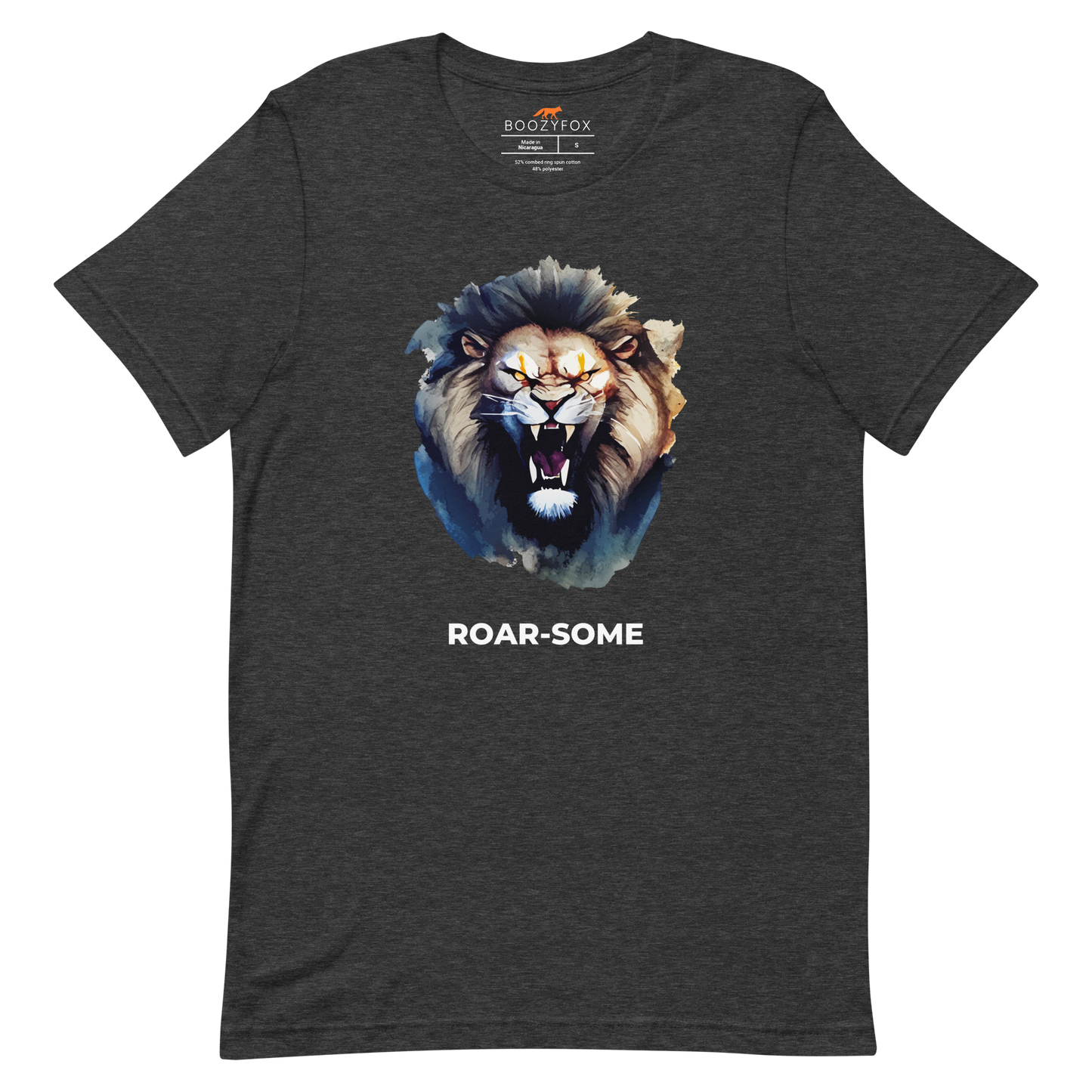 Dark Grey Heather Premium Lion Tee featuring a Roar-Some graphic on the chest - Cool Graphic Lion Tees - Boozy Fox