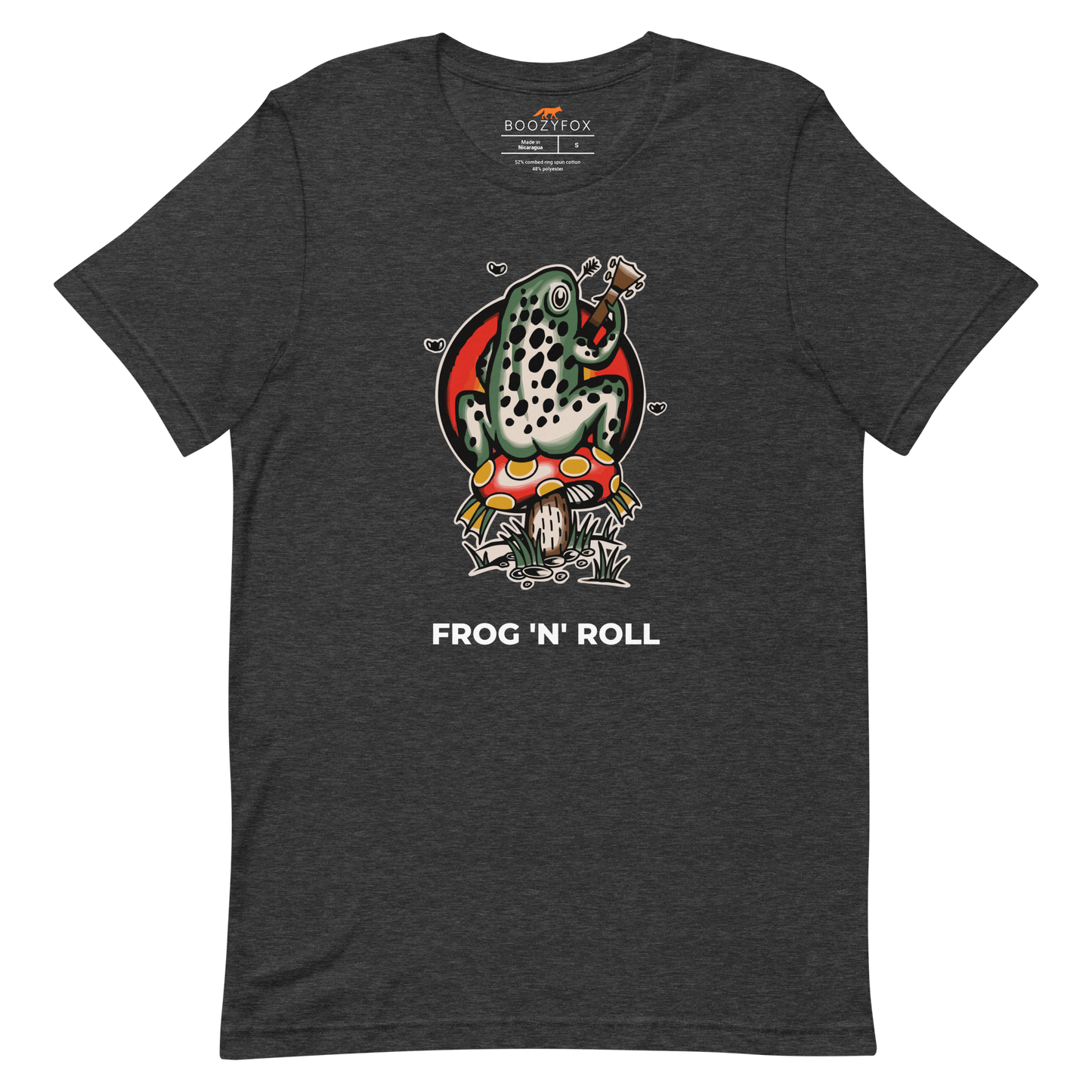 Dark Grey Heather Premium Frog Tee featuring a funny Frog 'n' Roll graphic on the chest - Funny Graphic Frog Tees - Boozy Fox
